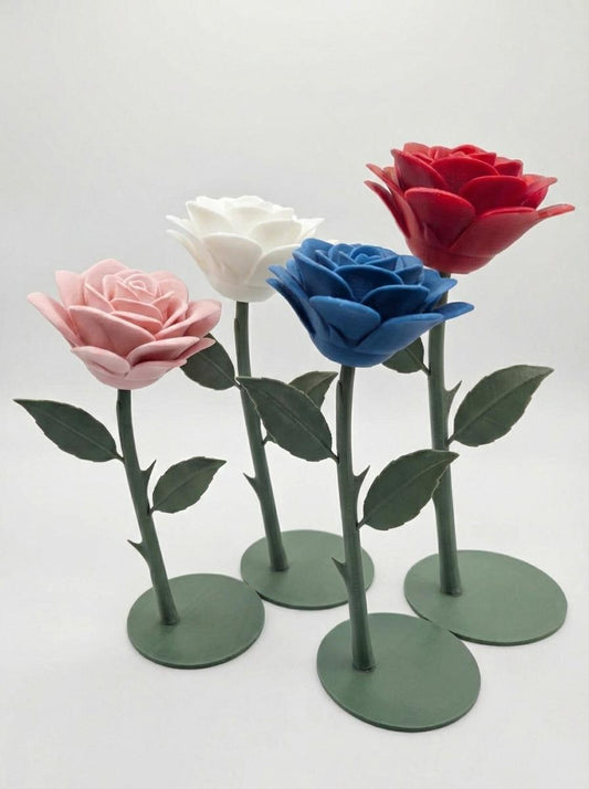 Rosa decorativa con base – fiore eterno stampato in 3D – 15/20/25 cm – rosso/rosa/blu metal/bianco – regalo | 3DodLab