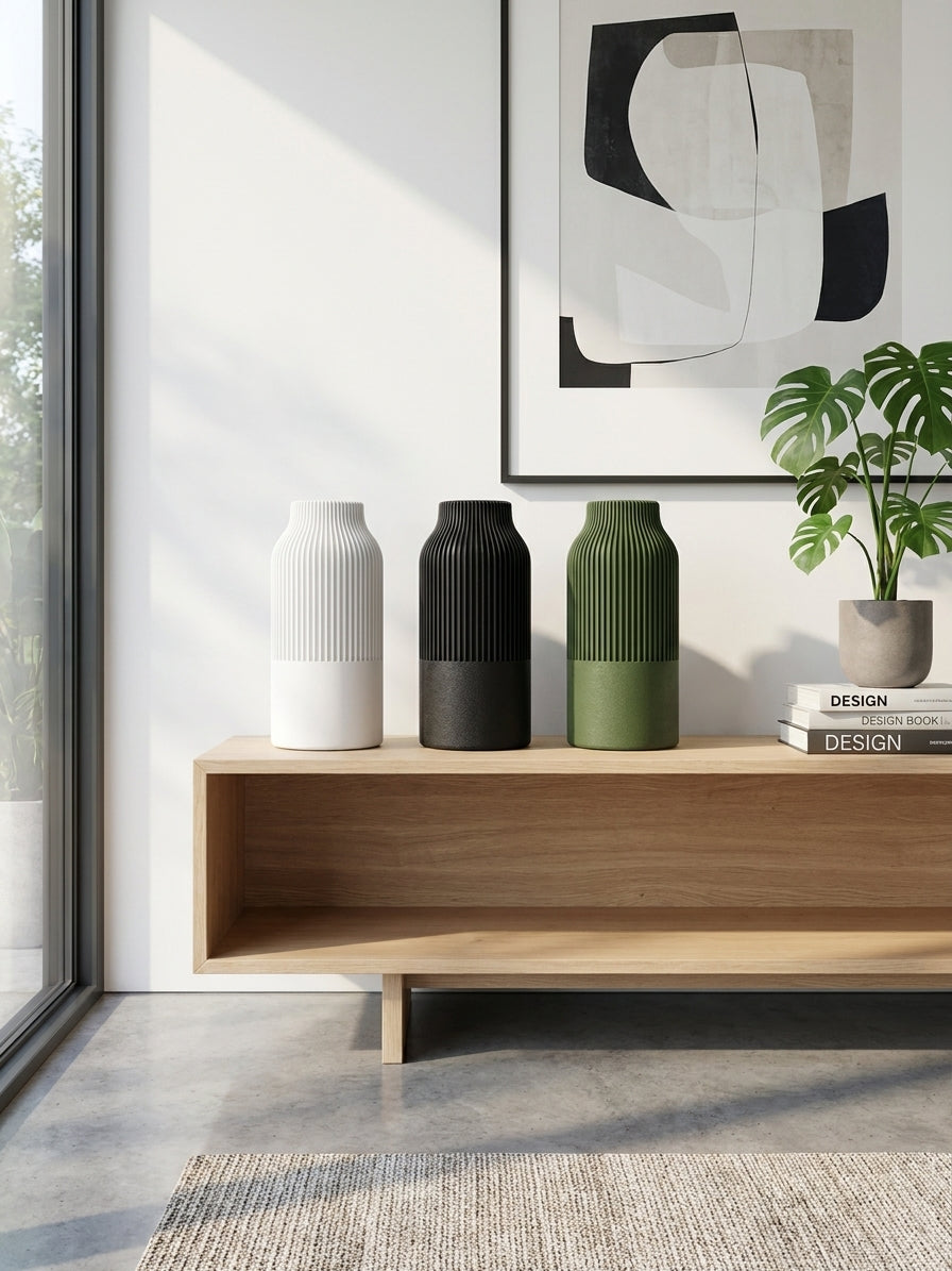 Vaso Japandi a Coste Stampato in 3D | Vaso Decorativo Minimal per Fiori Secchi