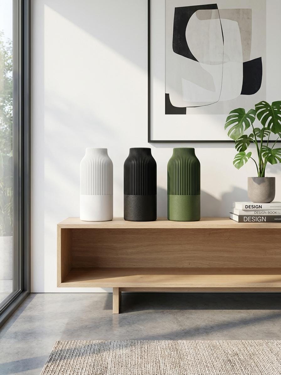 Vaso Japandi a Coste Stampato in 3D | Vaso Decorativo Minimal per Fiori Secchi